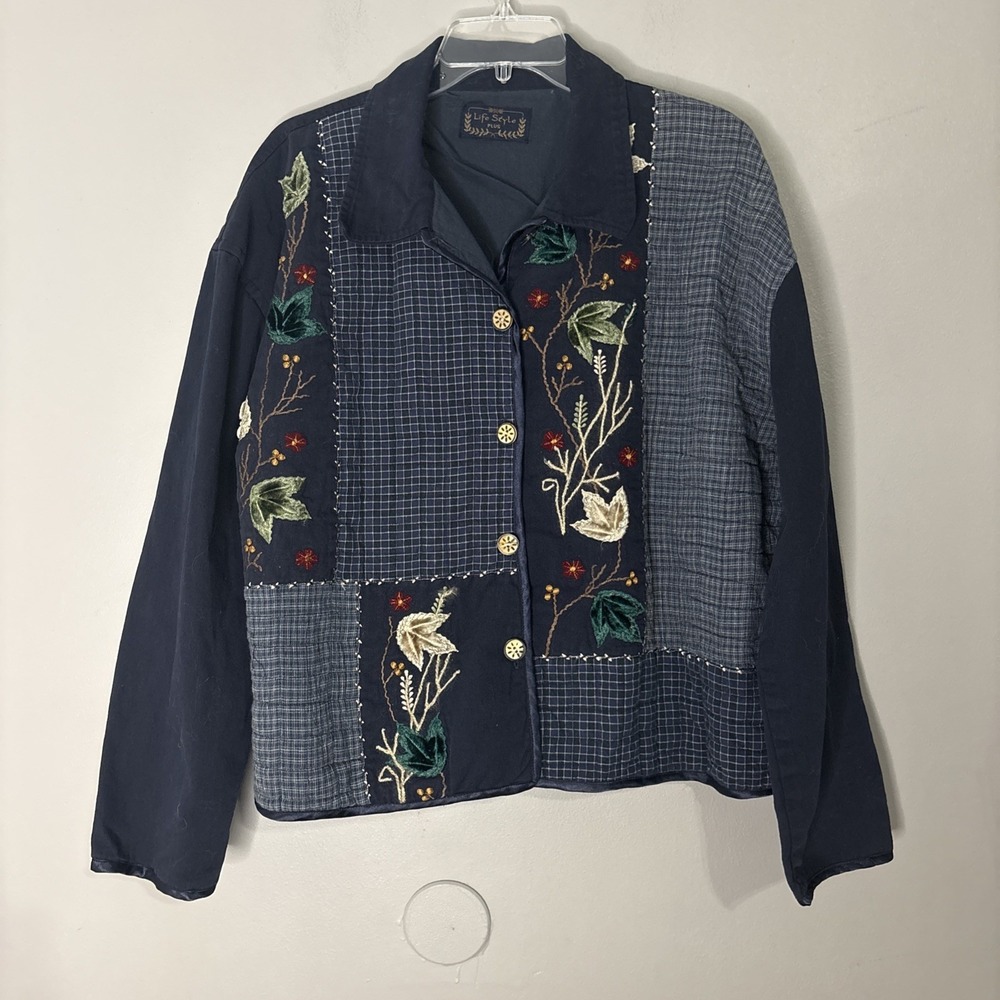 Life Style Patchwork Linen Jacket 1X Navy Floral‎ Embroidered Cottage Quilted